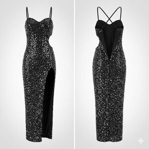 Double Crazy Womens‎ Black Sequin Maxi Dress S Formal Cut Out Evening Gown